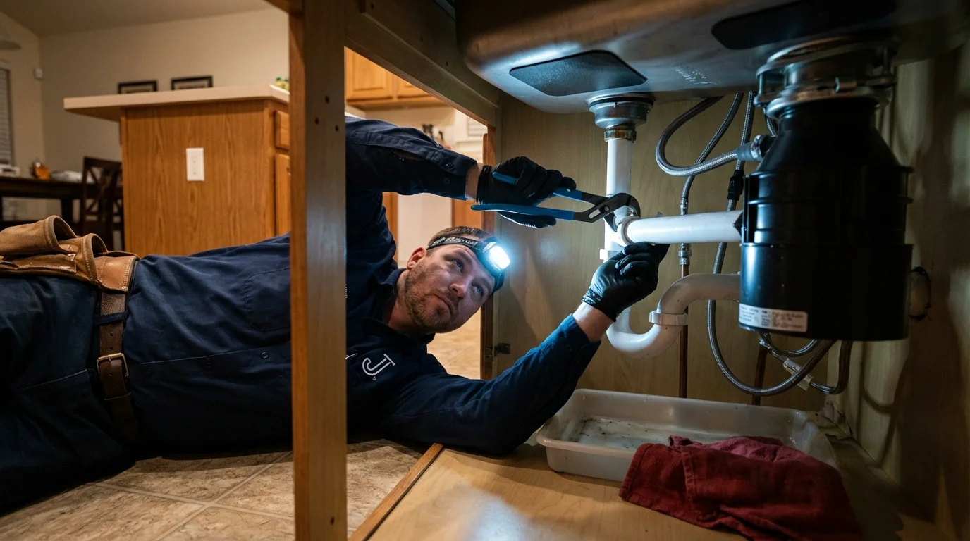 P-trap and supply line connections under a kitchen sink showing a common leak point in Lebanon, KY